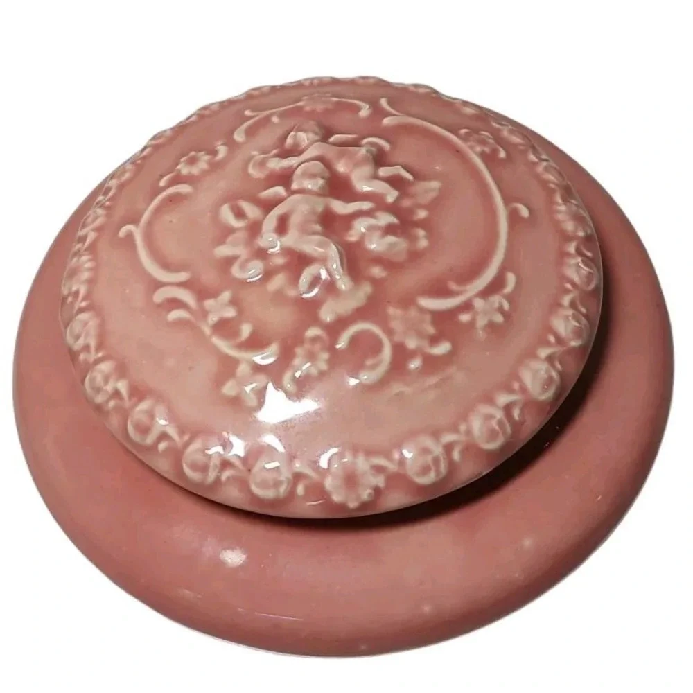 Vintage‎ Handmade Ceramic Powder Trinket Box Pink Angels Round 6.5 Inches SEE
